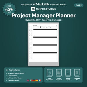 Peut inclure: Un planificateur de projet numérique conçu pour les appareils reMarkable Paper Pro. Ce PDF hyperlié au format compact présente une interface à écran blanc avec un aperçu annuel, des icônes de navigation et des barres de tâches horizontales.