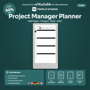 May include: A digital Project Manager Planner for reMarkable Pro Move devices, featuring 1633 pages for 2026 and 2027. The interface includes a sidebar with navigation icons, a top toolbar, and a white screen displaying annual goal sections.