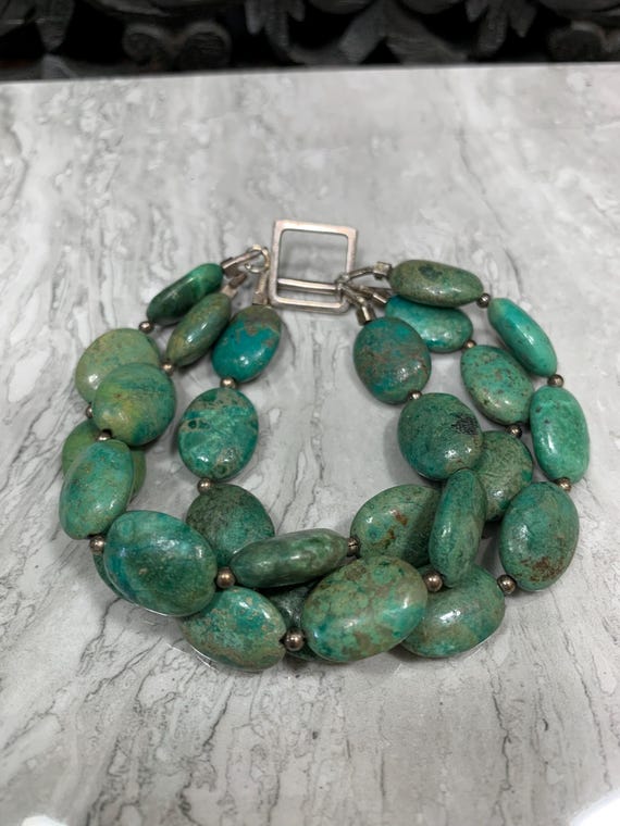 Turquoise And Sterling Silver 3 Strand Beaded Bra… - image 4