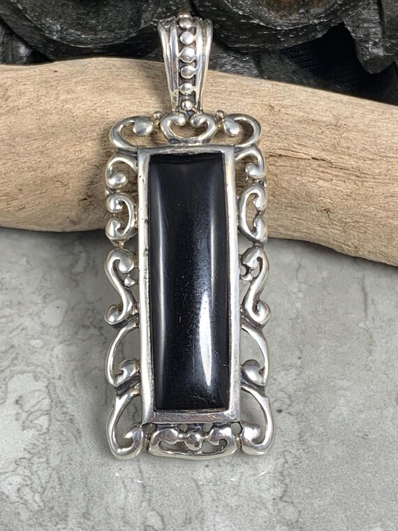 Sterling Silver And Onyx Rectangular Scroll Pende… - image 1