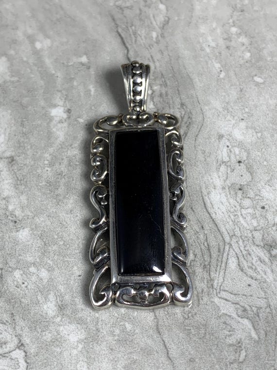 Sterling Silver And Onyx Rectangular Scroll Pende… - image 2