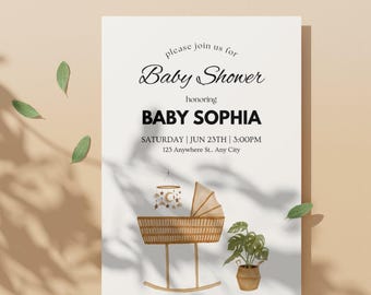 Editable Brown Beige Baby Shower Invitation Illustrated Gender Neutral Boho Printable Digital Download Instant Canva Template Watercolor