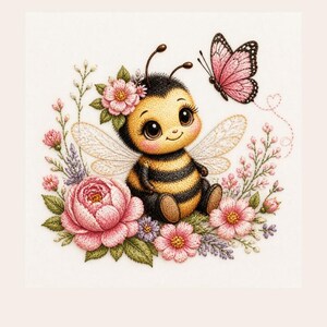 May include: A charming illustration of a cartoon bee with a floral crown, surrounded by pink and purple flowers. A pink butterfly hovers nearby. The bee has black and yellow stripes and large, expressive eyes. The artwork has a soft, pastel color palette.