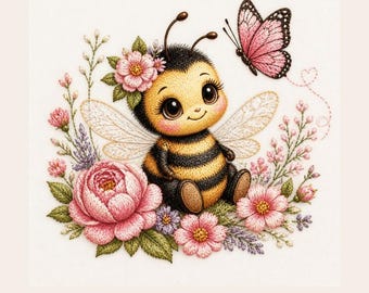 CUTE Bee Embroidery Design, Cute Bumblebee Floral Pattern, Spring Nursery Wall Art Digital Download