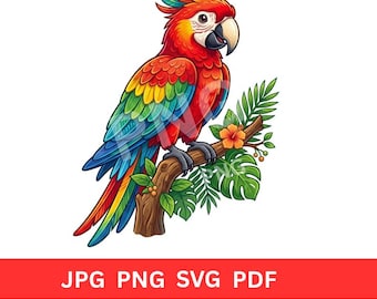 Colorful Parrot SVG PNG Clipart, Tropical Bird, Digital Download for Crafts, Scrapbooking, Invitations