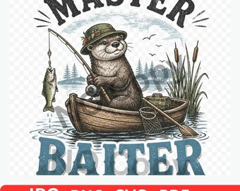 Master Baiter PNG Funny Otter Fishing Design, Fisherman Shirt Sublimation, Angler Gift, Mug Sticker Digital Download