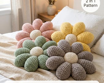 Crochet Pillow Pattern PDF, Daisy Flower Pillow 2 in 1 Classic + Smiley, Puffy Flower Cushion Home Decor, Beginner Easy Instant Download
