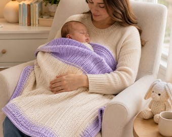 Easy Baby Blanket Crochet Pattern, Lavender Cream Ribbed Blanket PDF, Beginner Crochet Baby Blanket Gift