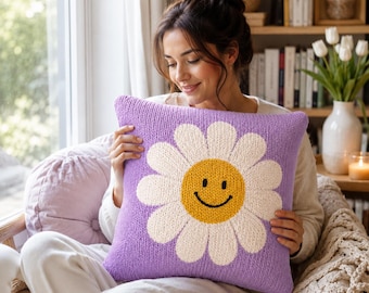 Crochet Pillow Cover Pattern, Smiling Daisy Pillow PDF, Lavender Flower Cushion, Instant Download Home Decor