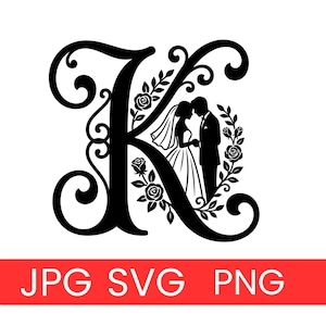 Svg Monogram K Bröllopspar, Blommig Bokstaven K SVG, Brudgum Silhuett, Initial K Klippfil, Cricut Digital Nedladdning