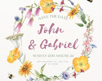 Boho Wildflower Wedding Invitation Suite, Editable Canva Template, Floral Wedding Invite Set, RSVP & Details Card, Digital Download