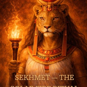 Puede incluir: Ilustración digital de Sekhmet, una deidad con cabeza de león, sosteniendo una antorcha en llamas. Lleva joyas ornamentadas y una corona con un disco solar. El texto dice: "Sekhmet - The Solar Fire Ritual".