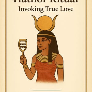 Op de afbeelding: Illustratie van een Egyptische figuur die een spiegel vasthoudt, met de tekst "Hathor Ritual Invoking True Love" bovenaan. De figuur draagt een hoofdtooi en een rode jurk, met gouden accenten. De afbeelding heeft een beige rand.