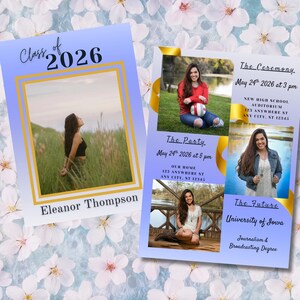 Puede incluir: Dos tarjetas de anuncio de graduación con fotos y texto. Una tarjeta dice "Clase de 2026" y "Eleanor Thompson". La otra tarjeta incluye detalles para una ceremonia, fiesta y planes futuros en la Universidad de Iowa.