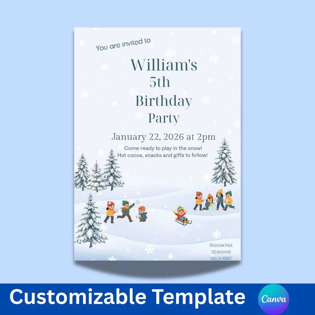 Winter Snow Birthday Party Invitation, Customizable Template, Printable ...