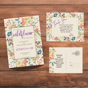 Wildflower Baby Girl Shower Invitaiton with Thank you Postcard Customizable Printable  Template Instant Digital Download (Canva)