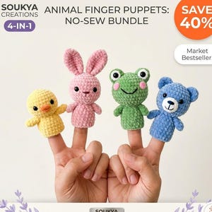 May include: A collection of four handmade crochet animal finger puppets: a yellow duck, a pink bunny, a green frog, and a blue bear. The puppets are displayed on fingers, showcasing their details. The image includes text that says "Animal Finger Puppets: No-Sew Bundle" and "Save 40%."