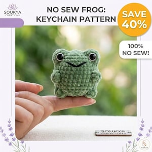 Könnte beinhalten: Ein grüner gehäkelter Frosch-Schlüsselanhänger. Der Frosch hat große schwarze Augen und einen genähten Mund. Der Text auf dem Bild lautet "NO SEW FROG: KEYCHAIN PATTERN", "SAVE 40%" und "100% NO SEW!"