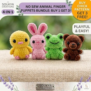 May include: A collection of four crocheted animal finger puppets: a yellow chick, a pink bunny, a green frog, and a brown bear. The puppets are displayed on a textured surface. Text on the image reads "NO SEW ANIMAL FINGER PUPPETS BUNDLE: BUY 1 GET 3!" and "PLAYFUL & EASY!"
