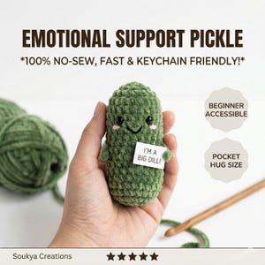May include: A green crocheted pickle with a smiling face and the text "I'M A BIG DILL!" held in a hand. The text "EMOTIONAL SUPPORT PICKLE" is above the pickle. The text "POCKET HUG SIZE" and "BEGINNER ACCESSIBLE" are also visible.