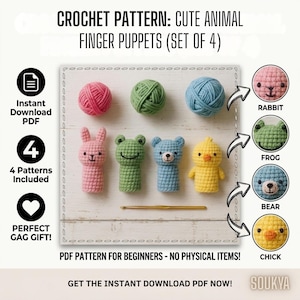 4-in-1 Animal Finger Puppets Crochet Pattern, Amigurumi Rabbit Frog Bear Chick Guide, Beginner Friendly Crochet PDF, Interactive Toy