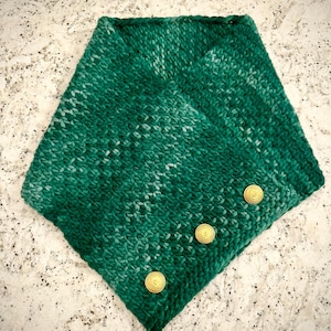 Hand Knit Luxury Merino Wool Cowl, Button Detail, Green Woodland Hearth Neck Warmer