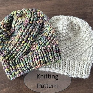 May include: Two chunky knit beanies, one featuring a variegated yarn with shades of green, purple, and tan, and the other in a solid cream color. Both hats display a diagonal cable stitch pattern and a ribbed brim. Text reads Knitting Pattern.