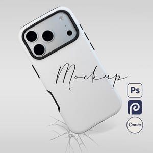 May include: White phone case with a black border and camera cutouts. The text "Impact Resistant" and "Designed with durable materials to protect against falls" are displayed. The word "Mockup" is written in cursive.