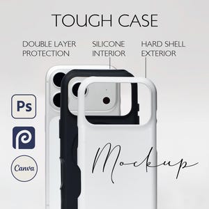 iPhone 17 Proのタフケースのモックアップ、CanvaテンプレートとPSDファイル、すぐにダウンロード可能