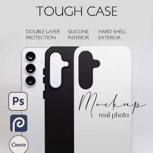 May include: A white and black phone case mockup with the text "TOUGH CASE" at the top. The case features double-layer protection, a silicone interior, and a hard shell exterior. The words "Mockup real photo" are written on the white case.
