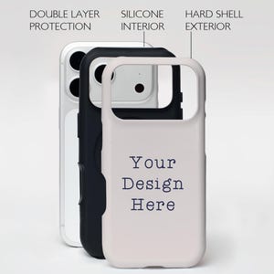 This mockup features a photograph of a real tough phone case ordered from one of the most popular print-on-demand companies. What your customer sees in this mockup is what they will get. 
This mockup is available in PSD and Canva.
This mockup features the new iPhone 17 Pro. Show off your designs to your customers while also letting them know you carry the newest case to protect their new phone.