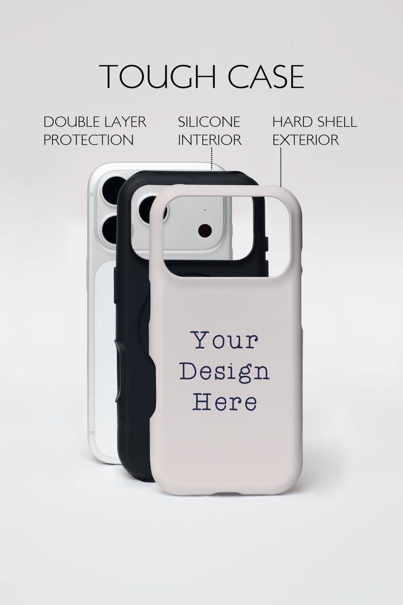This mockup features a photograph of a real tough phone case ordered from one of the most popular print-on-demand companies. What your customer sees in this mockup is what they will get. 
This mockup is available in PSD and Canva.
This mockup features the new iPhone 17 Pro. Show off your designs to your customers while also letting them know you carry the newest case to protect their new phone.