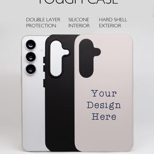 I created this mockup so you can assure our customers of the durability of the Tough Phone Case. Featuring a photograph of a real tough phone case. 
This listing includes a PSD file and a Canva template. This template allows you to edit fonts and text color, or remove text if you prefer the design without them.
This mockup features the Samsung Galaxy 25. Show off your designs to your customers while also letting them know you carry the newest case to protect their new phone.