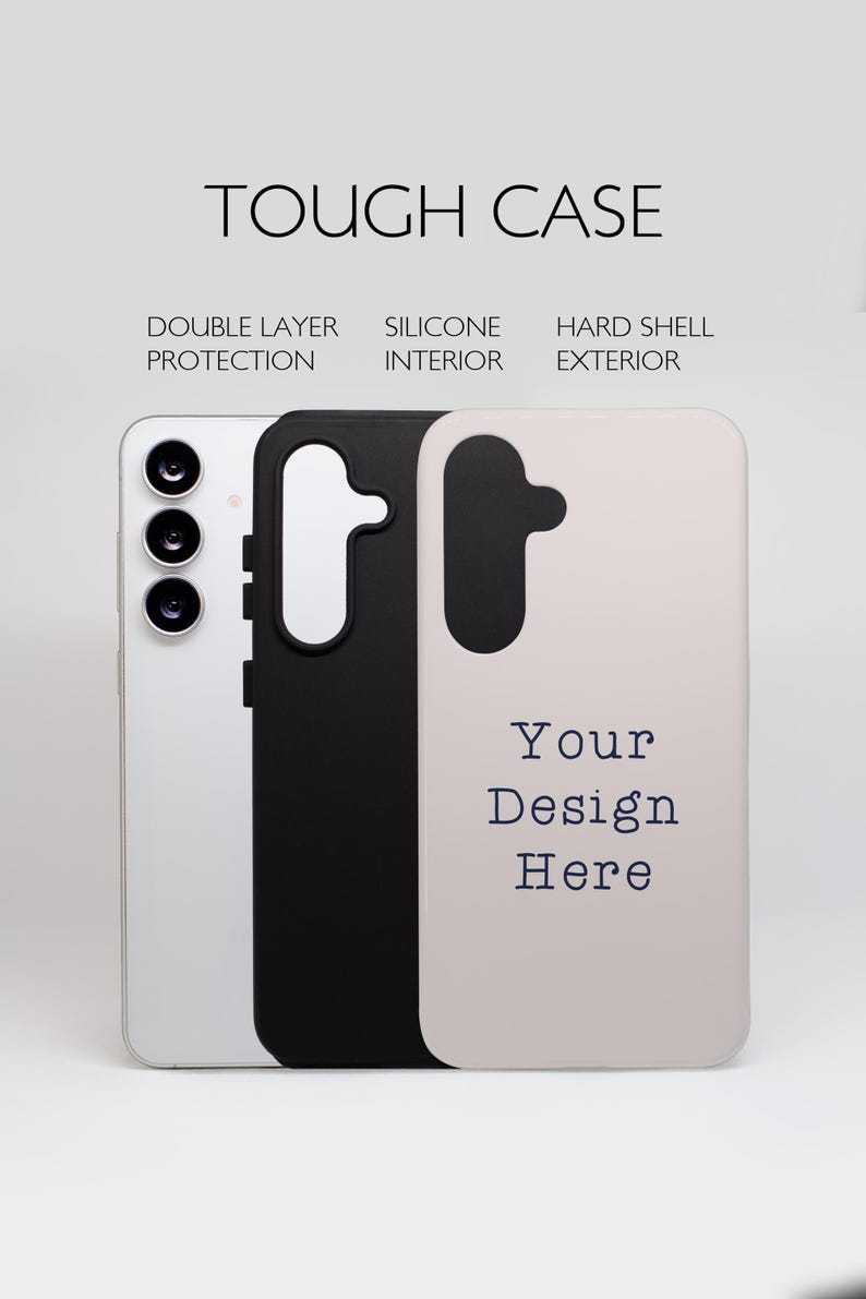 I created this mockup so you can assure our customers of the durability of the Tough Phone Case. Featuring a photograph of a real tough phone case. 
This listing includes a PSD file and a Canva template. This template allows you to edit fonts and text color, or remove text if you prefer the design without them.
This mockup features the Samsung Galaxy 25. Show off your designs to your customers while also letting them know you carry the newest case to protect their new phone.
