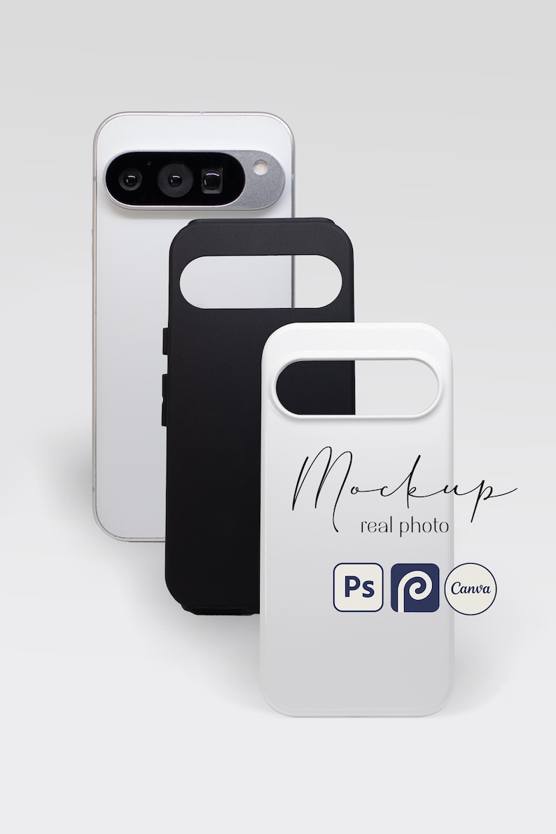 This mockup features a photograph of a real Google Pixel as well as a Tough Phone Case ordered from one of the most popular print-on-demand companies. What your customer sees in this mockup is what they will get. 
This listing is for a PSD file with smart object and Canva template. 
Featuring the Google Pixel. Show off your designs to your customers while also letting them know you carry their brand of case to protect their phone.