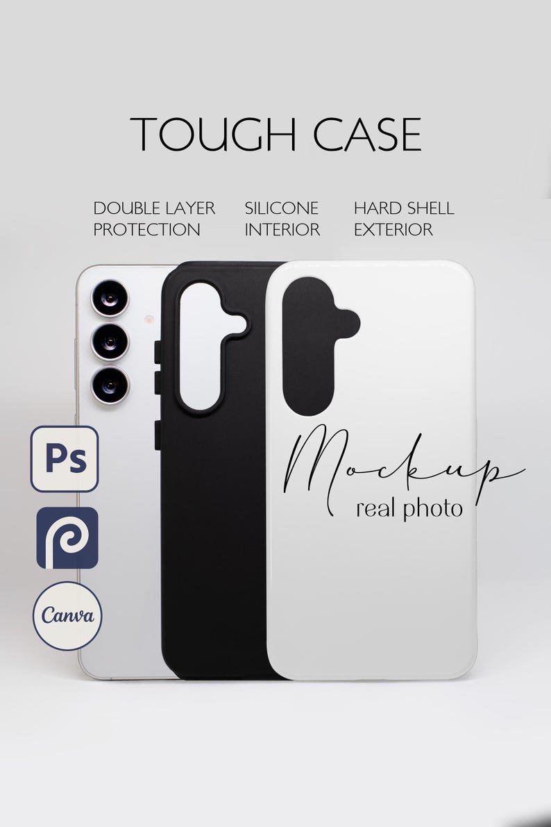 I created this mockup so you can assure our customers of the durability of the Tough Phone Case. Featuring a photograph of a real tough phone case. 
This listing includes a PSD file and a Canva template. This template allows you to edit fonts and text color, or remove text if you prefer the design without them.
This mockup features the Samsung Galaxy 25. Show off your designs to your customers while also letting them know you carry the newest case to protect their new phone.