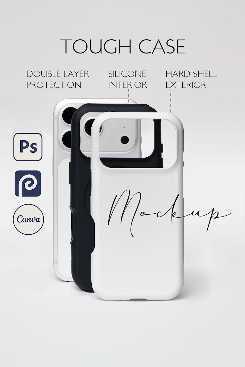 This mockup features a photograph of a real tough phone case ordered from one of the most popular print-on-demand companies. What your customer sees in this mockup is what they will get. 
This mockup is in a PSD format. Included with your file is a tutorial on how to add your design and edit the text to match your brand.
This mockup features the new iPhone 17 Pro. Show off your designs to your customers while also letting them know you carry the newest case to protect their new phone.