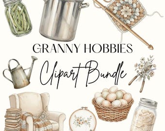 Conjunto de Clipart de Hobbies Neutros da Vovó, Clipart de Hobbies Aconchegantes, PNG de Aquarela para Casa de Campo