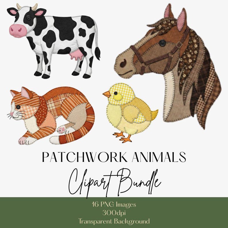 Pode incluir: Ilustra&ccedil;&otilde;es de animais em patchwork: vaca preta e branca, cavalo castanho, gato laranja e pintinho amarelo. O texto "PATCHWORK ANIMALS Clipart Bundle" tamb&eacute;m est&aacute; presente. Ideal para projetos criativos e decorativos.