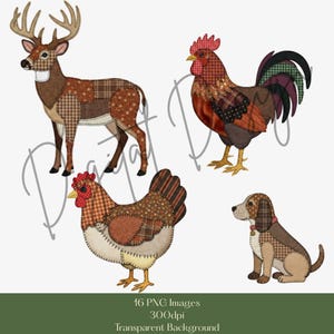 Pode incluir: Uma cole&ccedil;&atilde;o de quatro ilustra&ccedil;&otilde;es de animais de fazenda: um veado, um galo, uma galinha e um c&atilde;o. Cada animal &eacute; projetado com um padr&atilde;o de patchwork em tons de marrom, bege e vermelho. A imagem inclui o texto "16 PNG Images 300dpi Transparent Background".