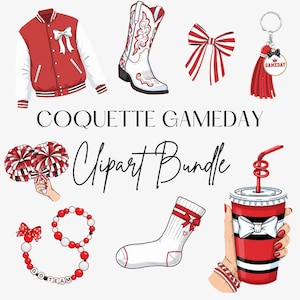 Op de afbeelding: Een verzameling rood-witte clipart met als thema wedstrijddag. Bevat een varsity jack, cowboylaars, strik, sleutelhanger, pompons, armband, sok en een frisdrankbeker. De tekst "COQUETTE GAMEDAY Clipart Bundle" is ook aanwezig.