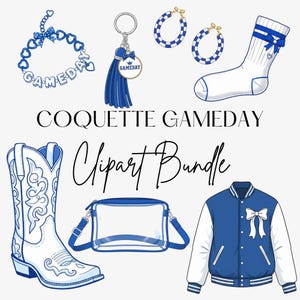 Op de afbeelding: Een verzameling blauw-witte clipart met een wedstrijddagthema. Inclusief een armband, sleutelhanger, oorbellen, sokken, cowboylaarzen, een doorzichtige crossbodytas en een varsityjack. Tekst luidt: "COQUETTE GAMEDAY Clipart Bundle."