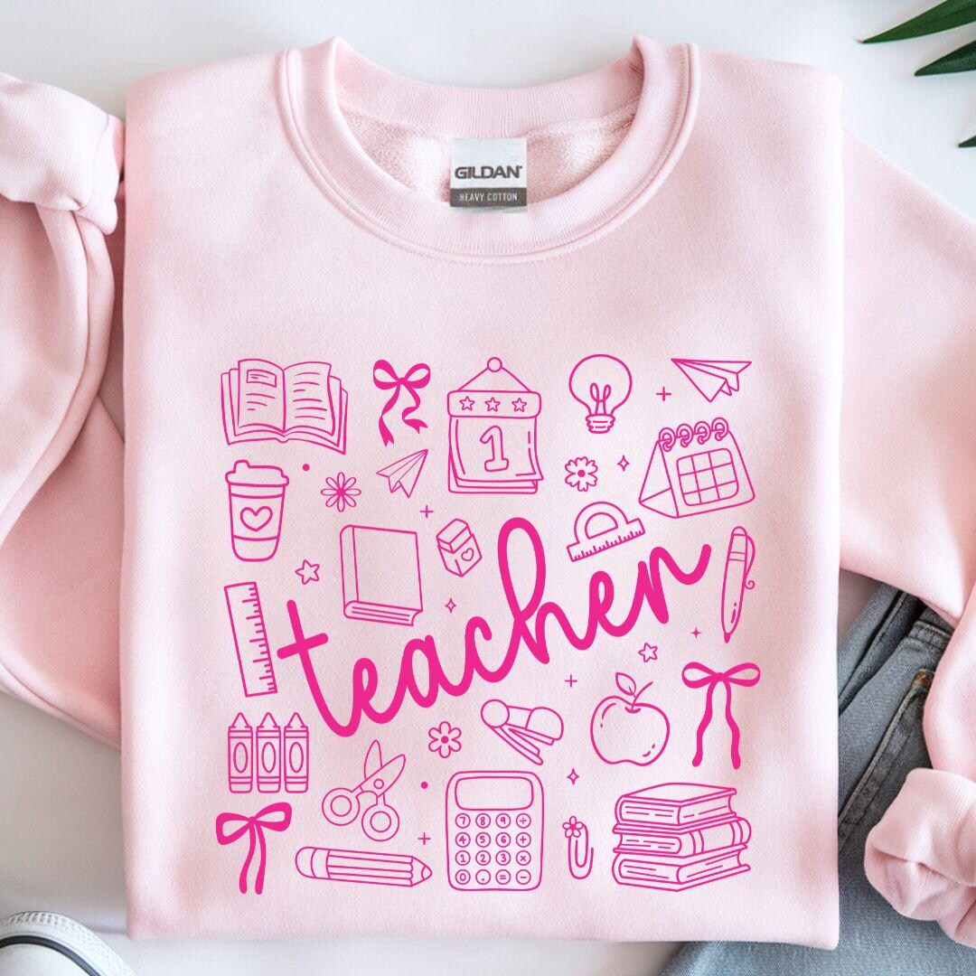 Pink Teacher Doodle Sweatshirt | Preppy Pink Teacher Top, Gift for ...