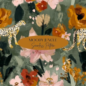 May include: A seamless pattern design with a moody jungle theme. The artwork features floral elements in pink, orange, and cream, and a leopard. The text "MOODY JUNGLE Seamless Pattern" is displayed on an oval. The background is a muted green.