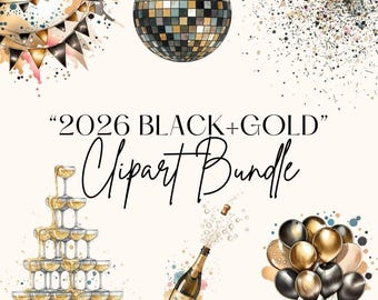 Clipart em aquarela de Ano Novo, preto e dourado 2026 PNG, design digital para festa de Ano Novo