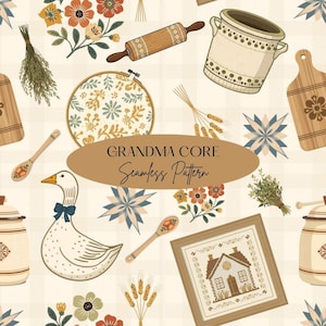 Könnte beinhalten: Nahtloses Muster im 'Grandma Core'-Stil mit Illustrationen von Küchenutensilien, Blumen und einer Gans. Das Design umfasst eine Teigrolle, einen Stickrahmen, Schneidebretter und ein gerahmtes Kreuzstichhaus.