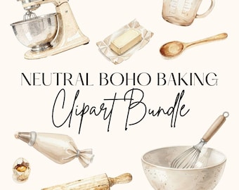 Conjunto de Clipart de Confeitaria Boho Neutro, Clipart de Padaria, PNG de Confeitaria em Aquarela