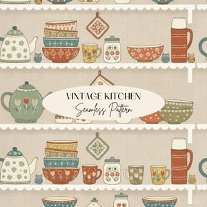 Puede incluir: Un patrón sin costuras con elementos de cocina vintage. Teteras, cuencos, tazas, tarros y un termo están dispuestos en estantes. La paleta de colores incluye verde azulado, naranja, amarillo y marrón. Se muestra el texto "VINTAGE KITCHEN Seamless Pattern".