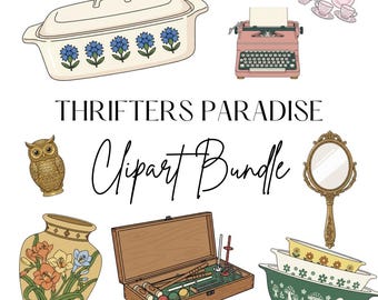 Conjunto de imagens clipart de itens vintage, imagens clipart de achados de brechó, pacote PNG de loja de antiguidades