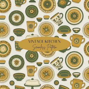 Puede incluir: Un patrón sin costuras con varios artículos de cocina en tonos verdes, dorados y blancos. El diseño incluye platos, tazas, cuencos y fuentes. El texto "VINTAGE KITCHEN Seamless Pattern" se muestra en un óvalo dorado.